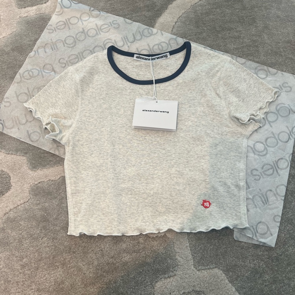 NEW Alexander wang Short Sleeve Lettuce Trim Cropped Tee heather grey